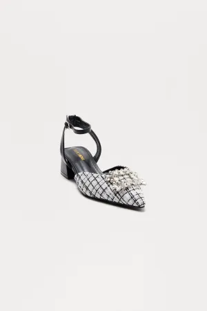 Anna Tweed Embellished Kitten Heels - Black/White
