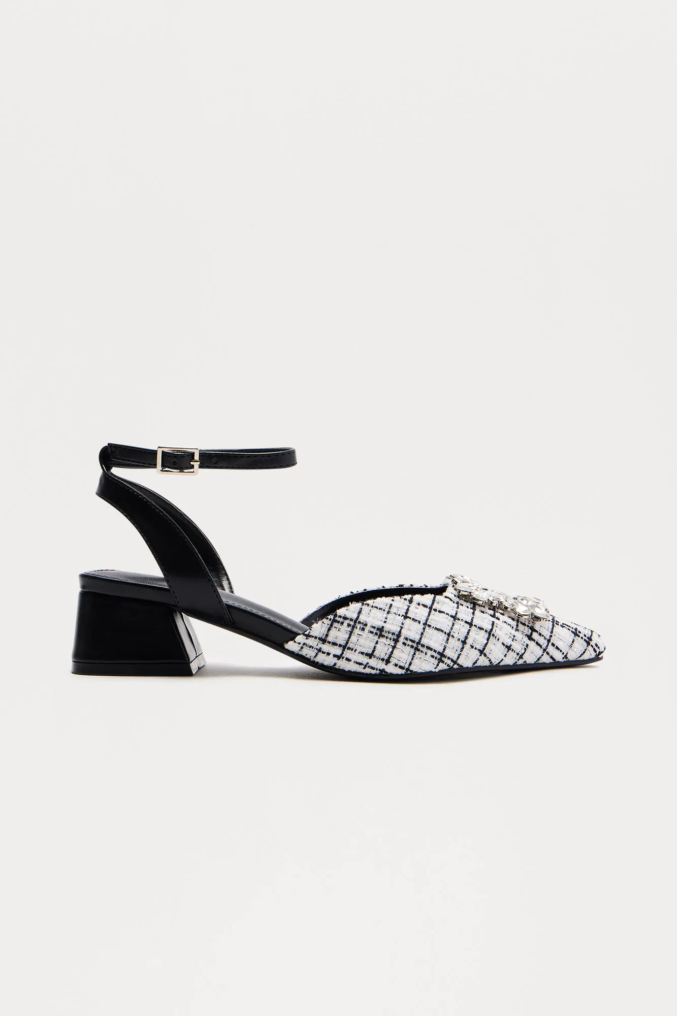 Anna Tweed Embellished Kitten Heels - Black/White