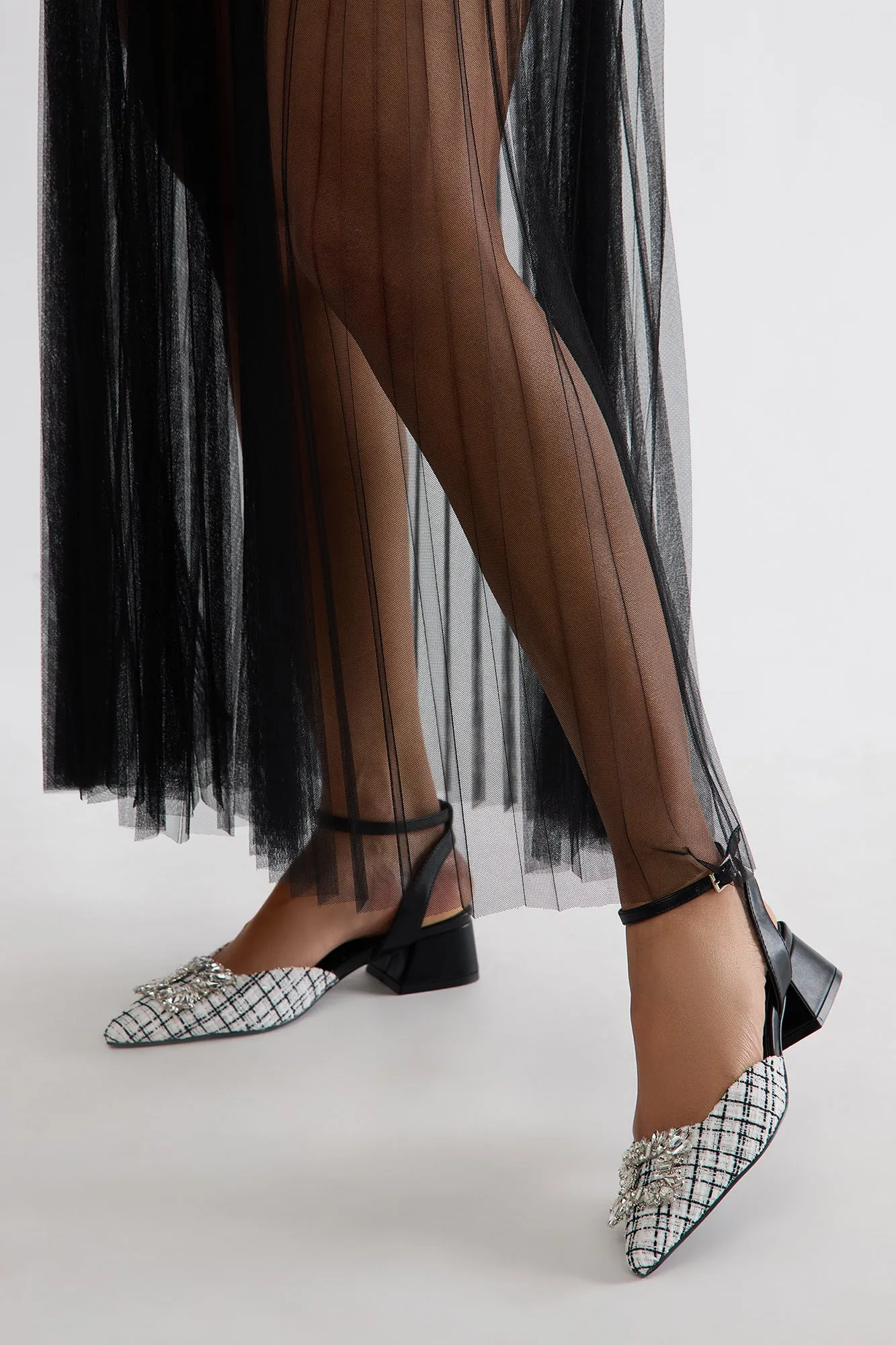 Anna Tweed Embellished Kitten Heels - Black/White