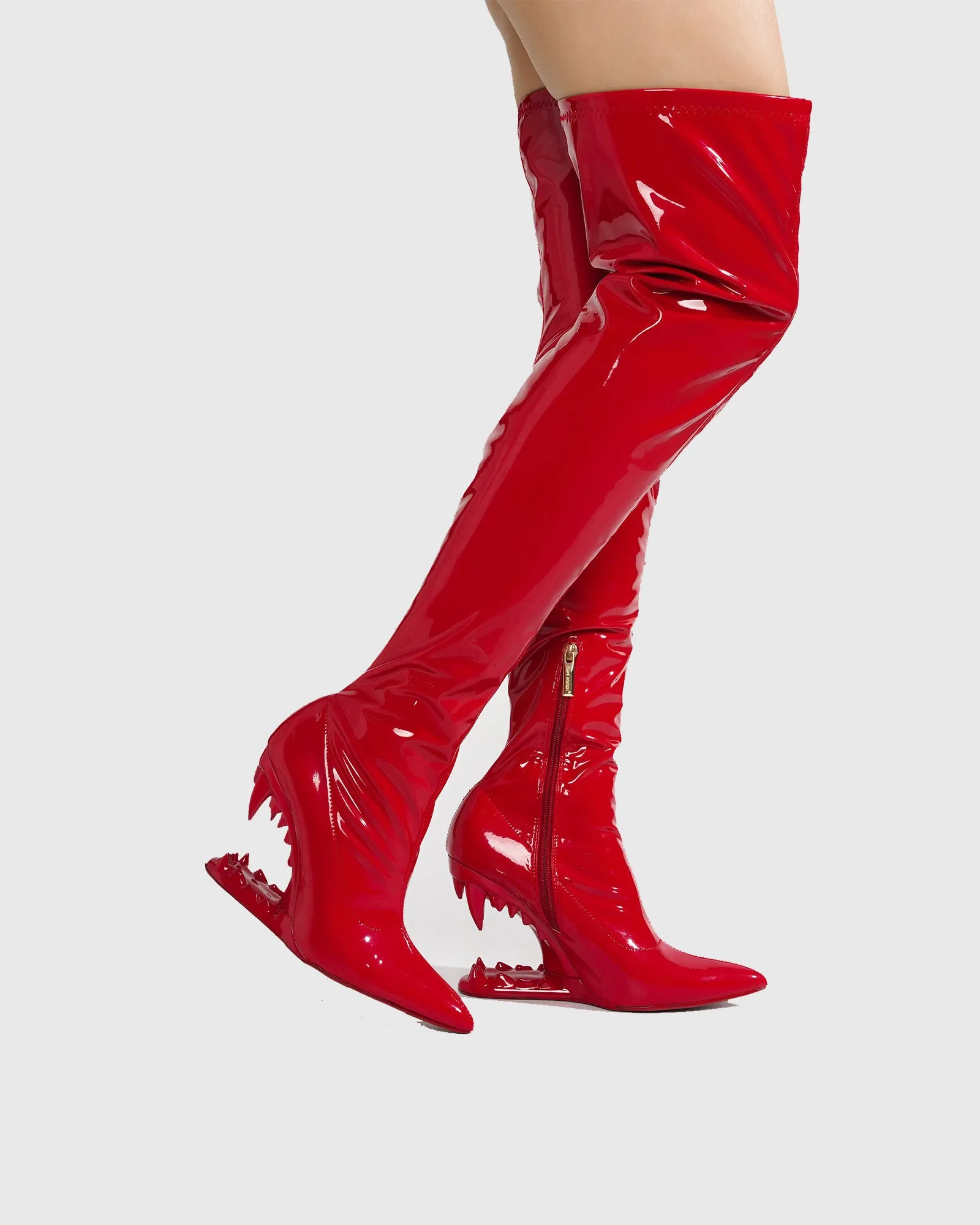 Antonia Wolf Tooth PVC Over The Knee Boots In Red