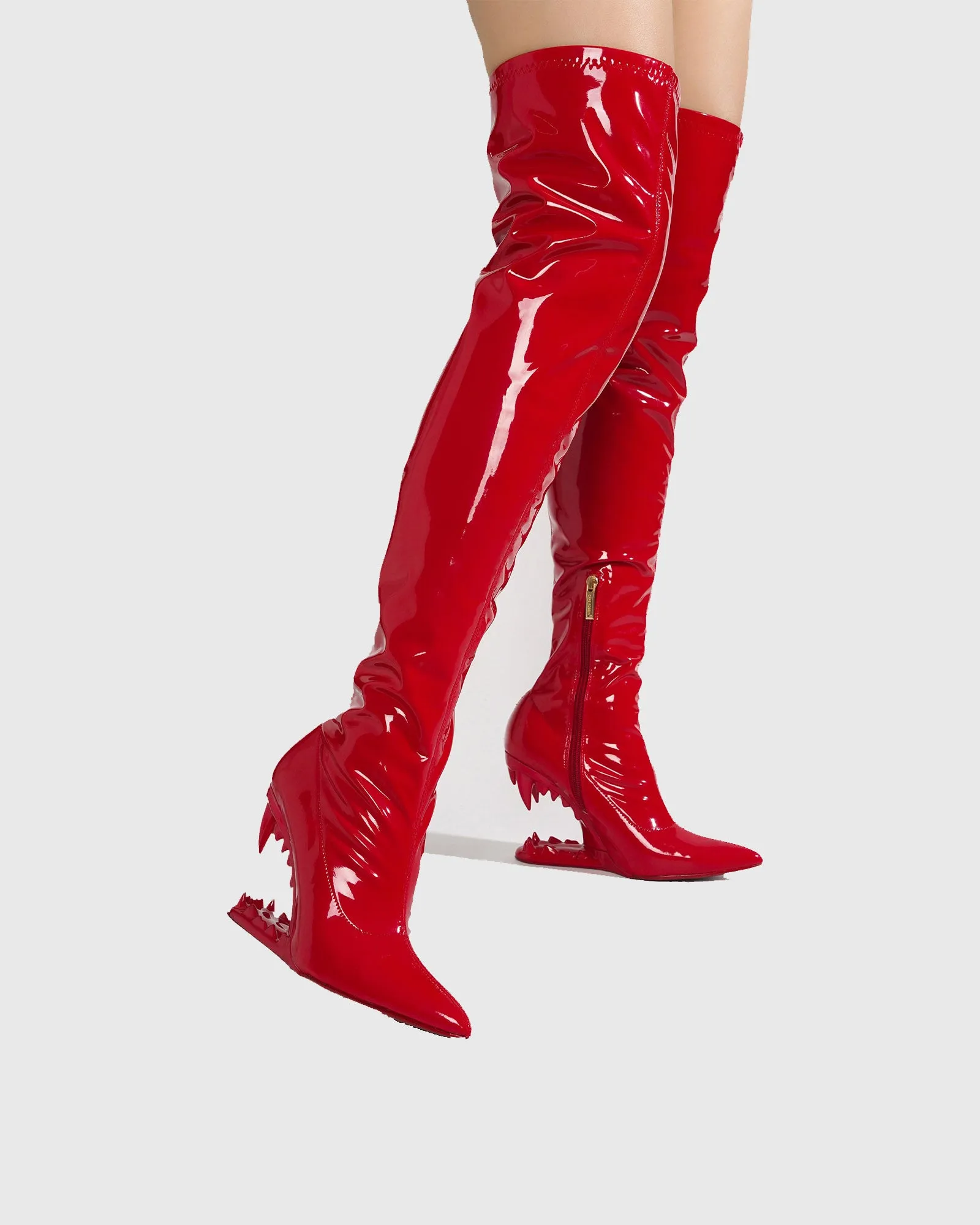 Antonia Wolf Tooth PVC Over The Knee Boots In Red