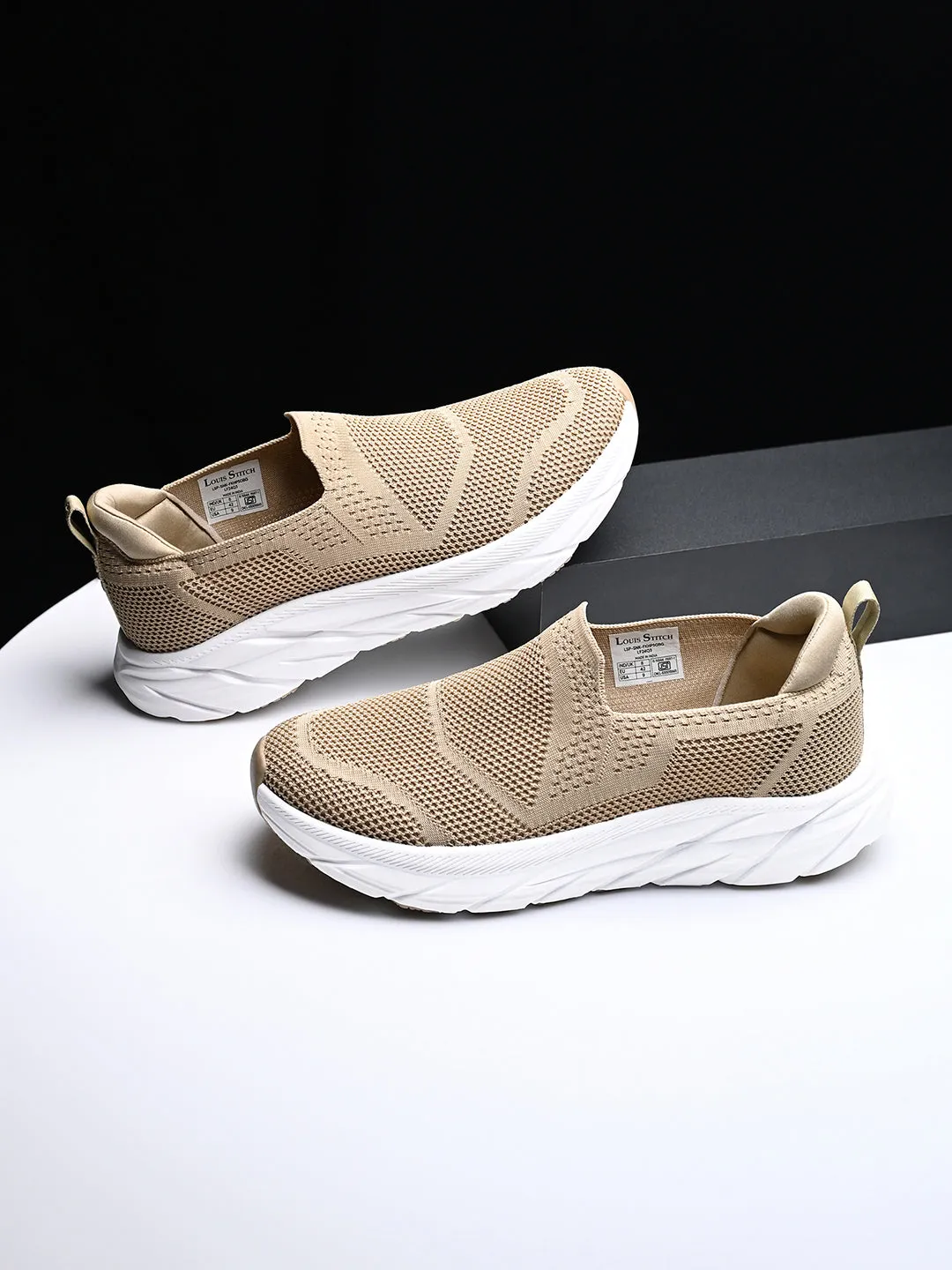 Beige Flyknit Slip-On Sneakers For Men