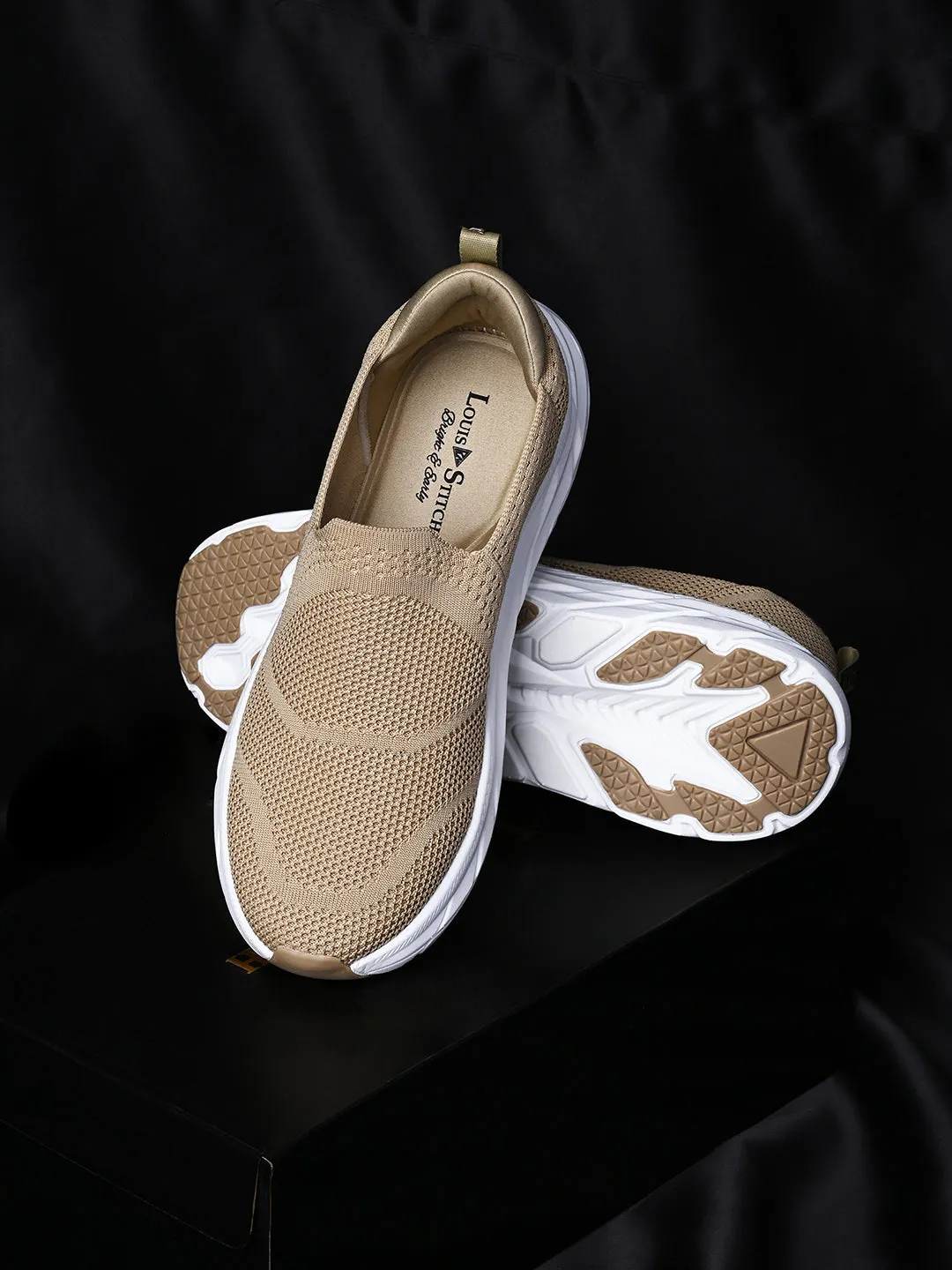 Beige Flyknit Slip-On Sneakers For Men