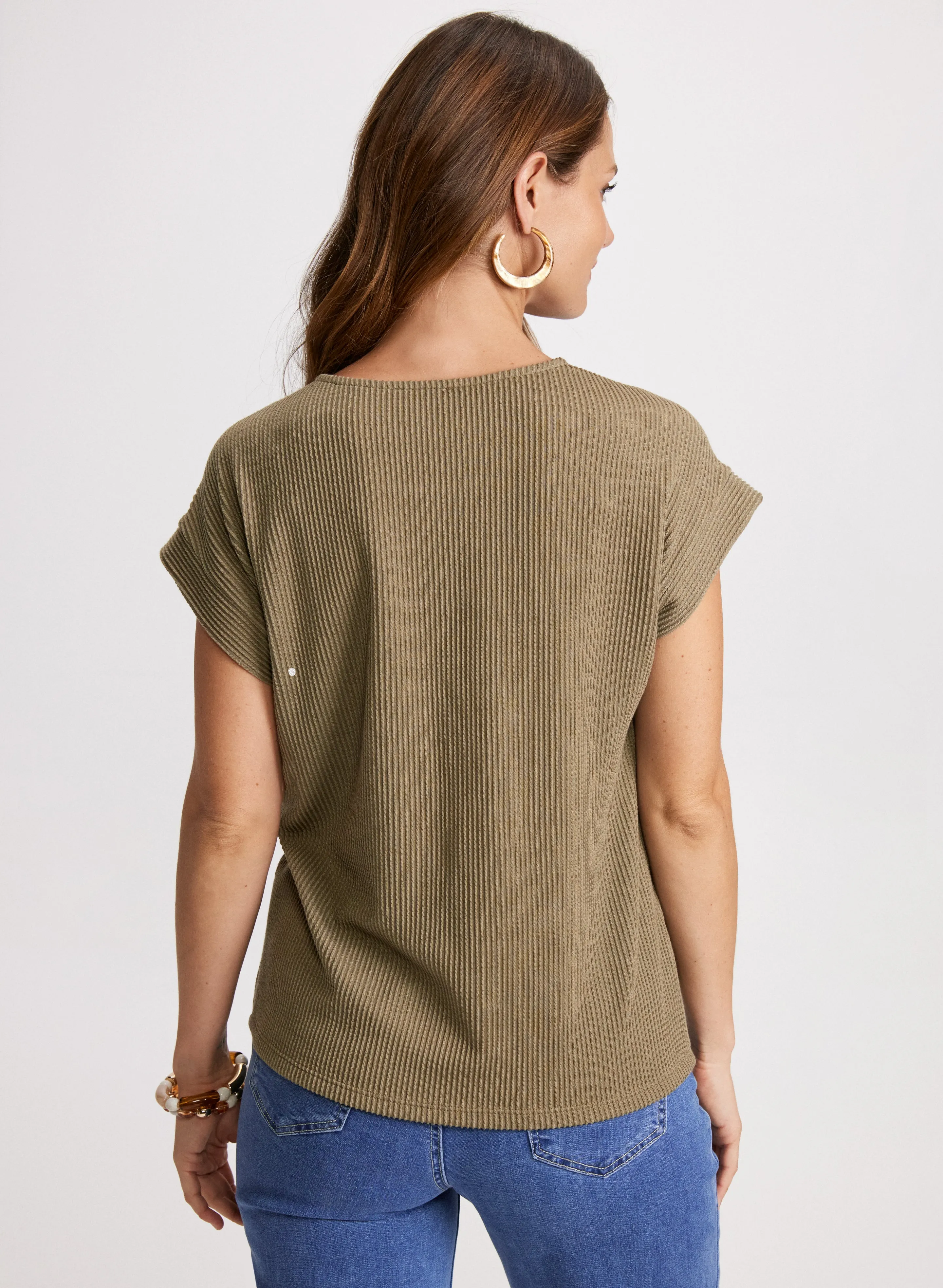 Decorative Buttons Ribbed Knit T-Shirt