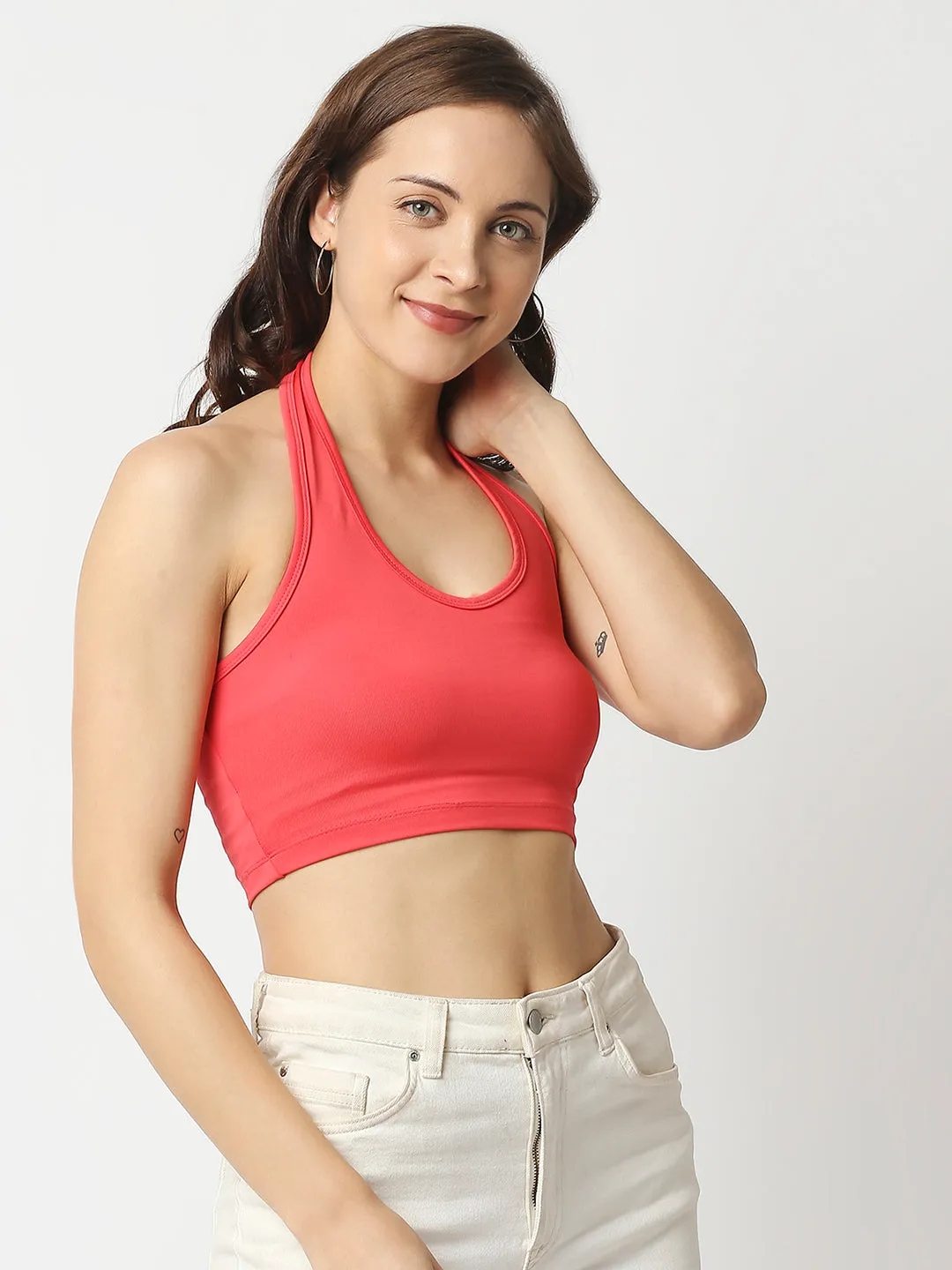 Disrupt Women Peach Halter Neck Slim Fit Crop Top