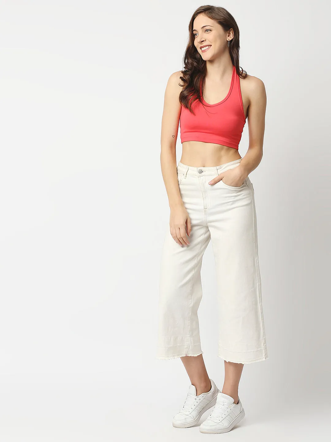 Disrupt Women Peach Halter Neck Slim Fit Crop Top