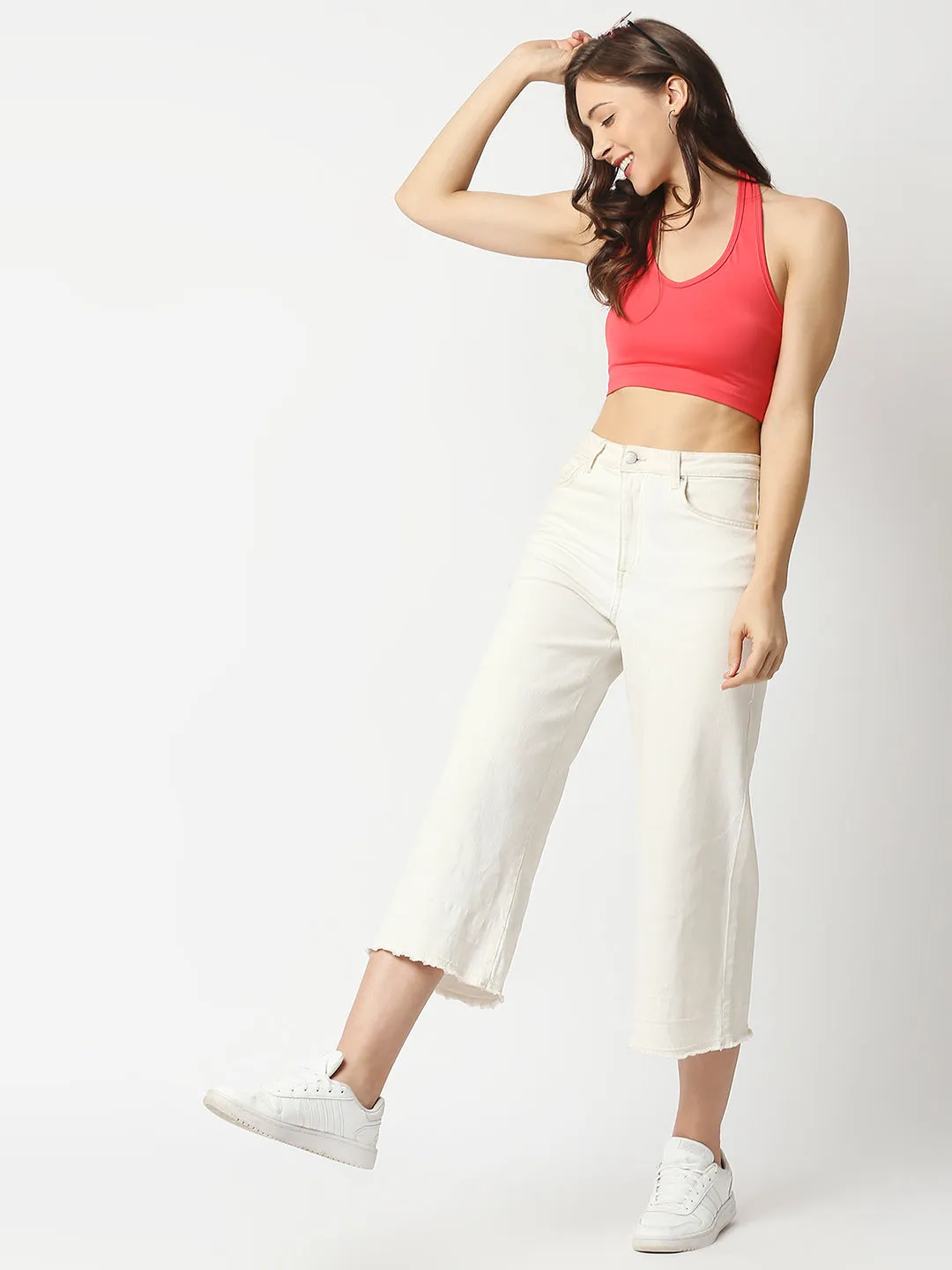 Disrupt Women Peach Halter Neck Slim Fit Crop Top