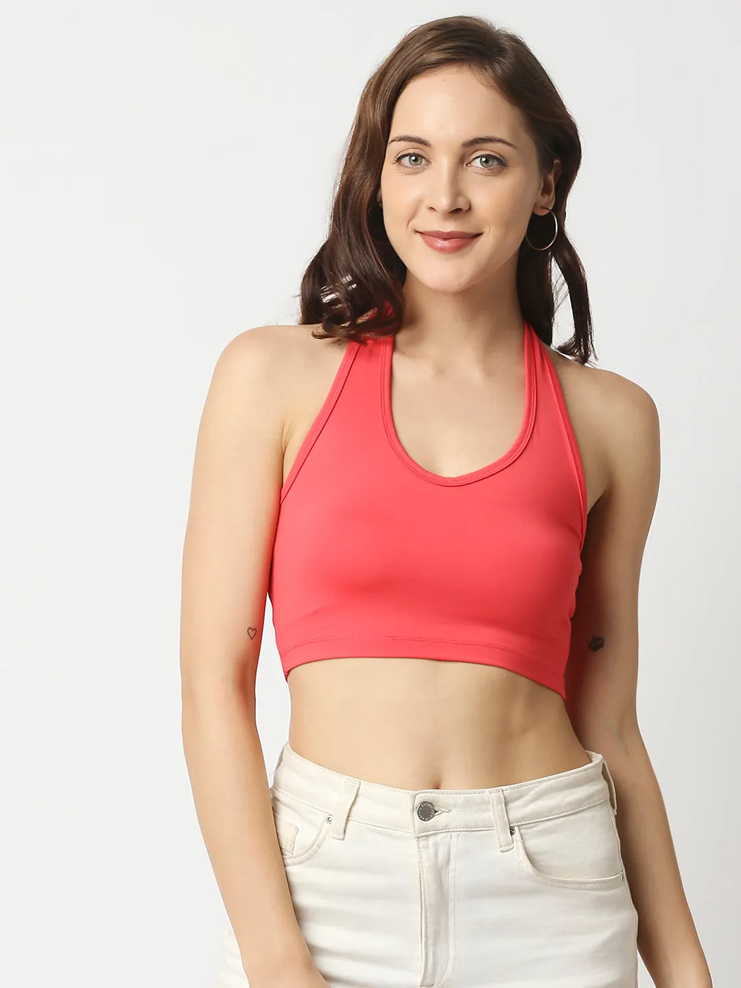 Disrupt Women Peach Halter Neck Slim Fit Crop Top