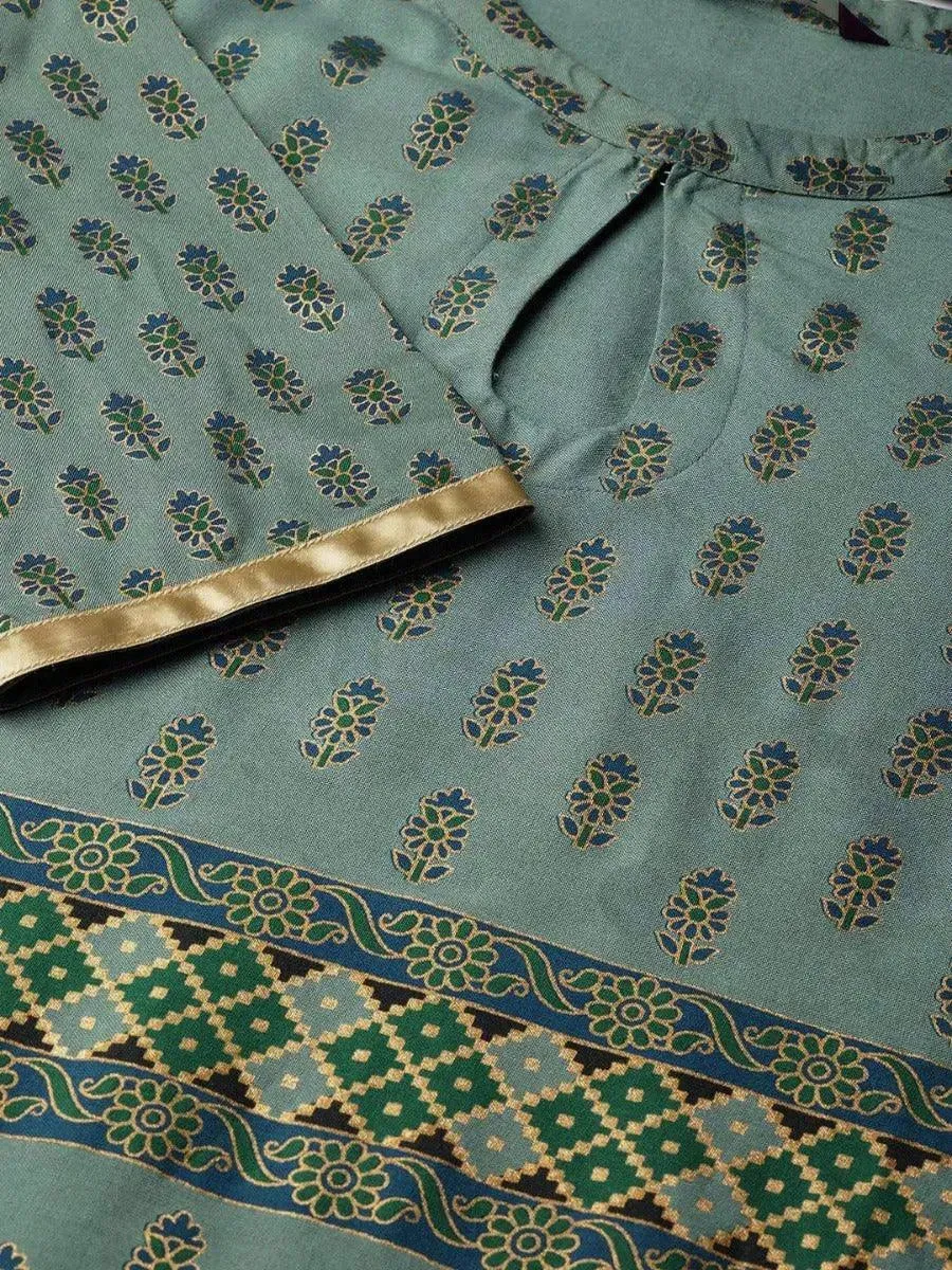 Grey Printed Cotton Straight Kurta With Skirt