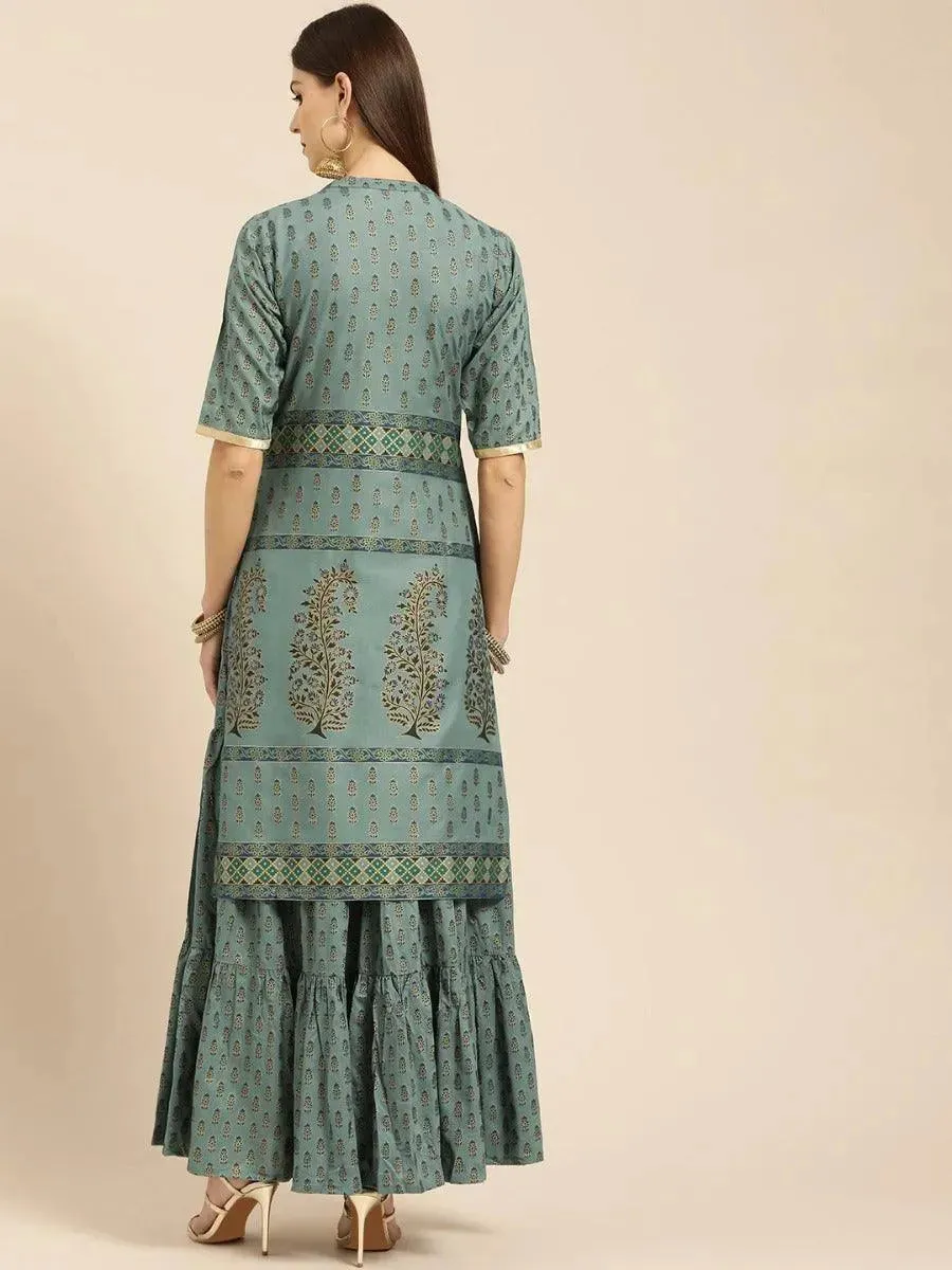 Grey Printed Cotton Straight Kurta With Skirt
