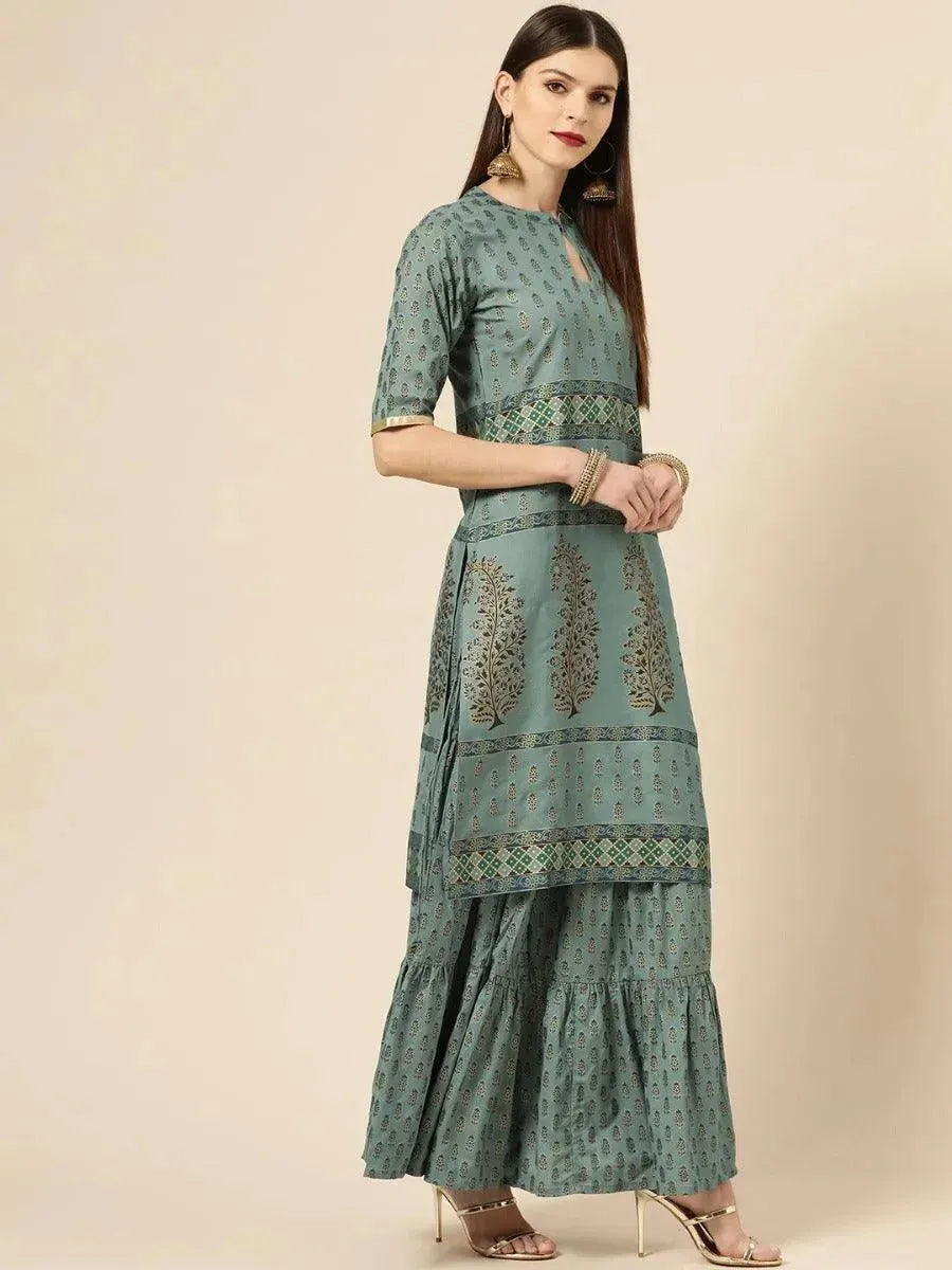 Grey Printed Cotton Straight Kurta With Skirt