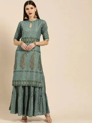 Grey Printed Cotton Straight Kurta With Skirt