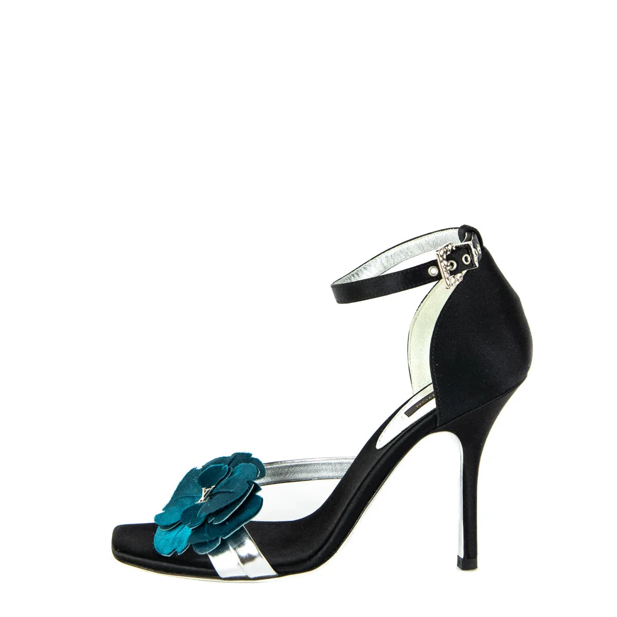 Louis Vuitton Black Satin & Blue Floral Embellished Sandals Size 6 | EU 36