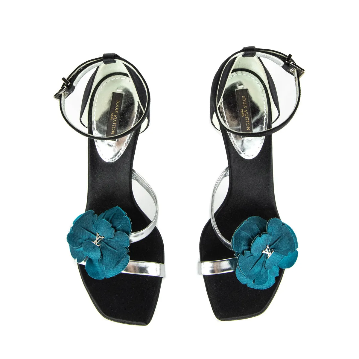 Louis Vuitton Black Satin & Blue Floral Embellished Sandals Size 6 | EU 36