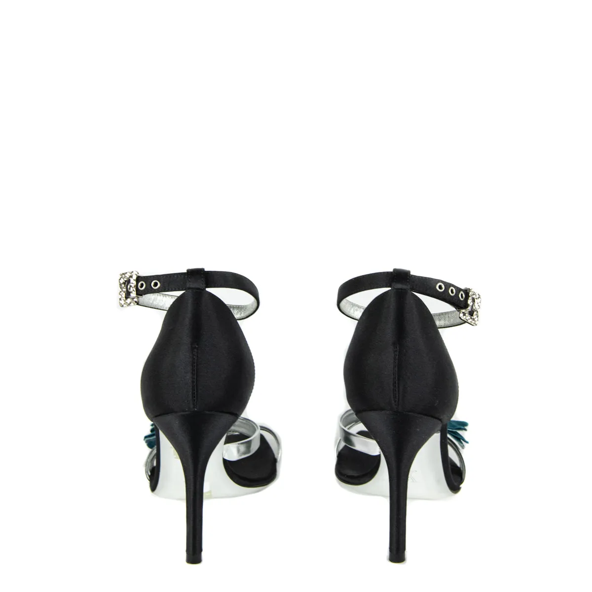 Louis Vuitton Black Satin & Blue Floral Embellished Sandals Size 6 | EU 36