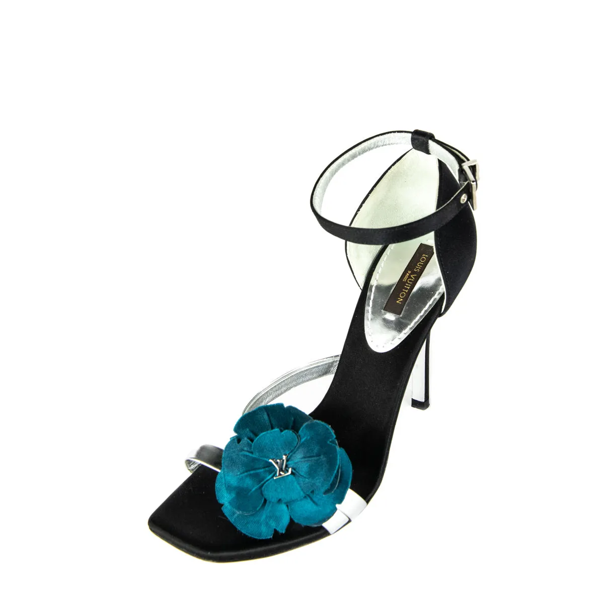 Louis Vuitton Black Satin & Blue Floral Embellished Sandals Size 6 | EU 36