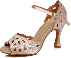 Minishion Women's Latin Salsa Cut-Out Crystal Satin Ballroom Dance Shoes Evening Sandals