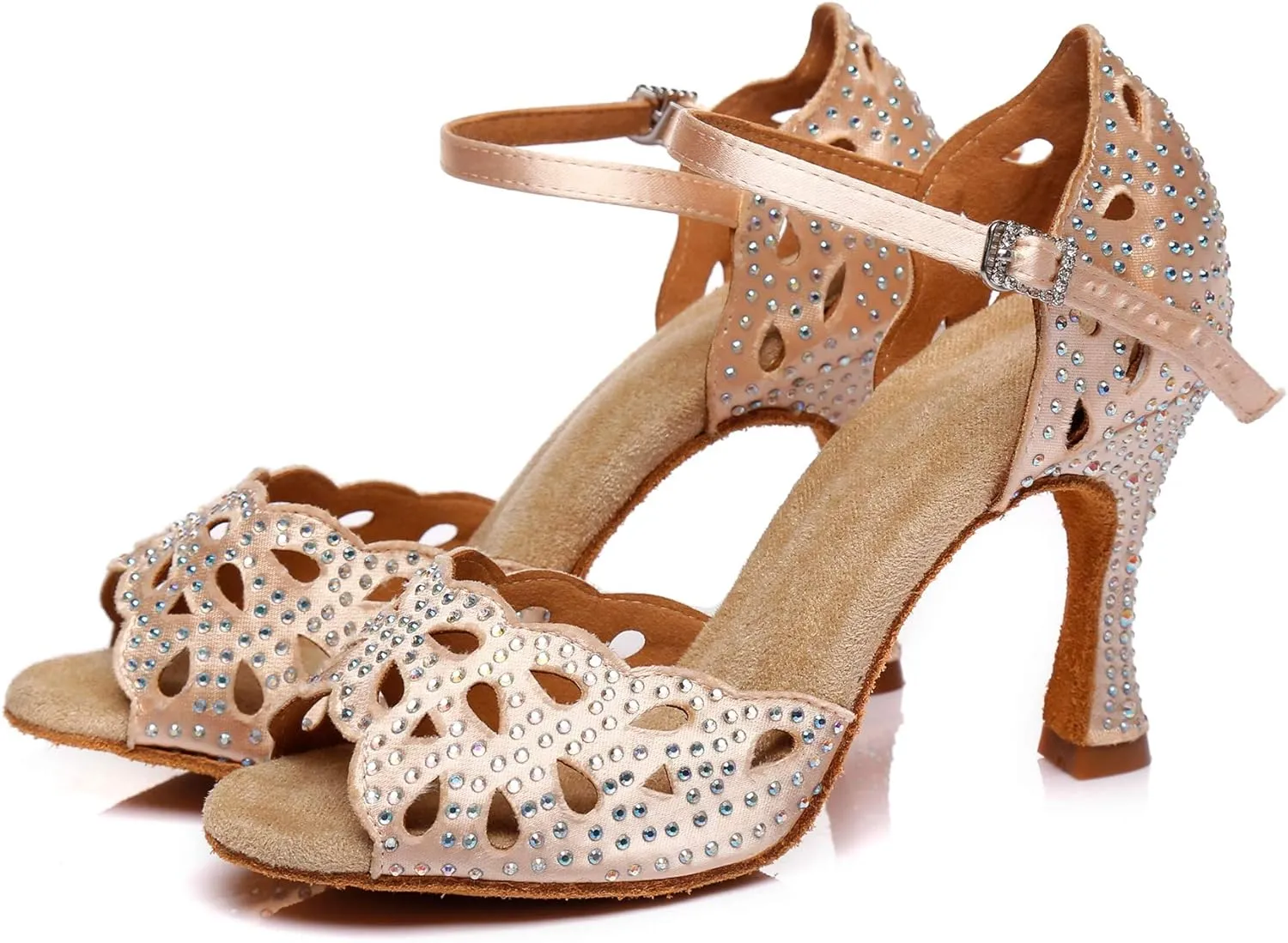 Minishion Women's Latin Salsa Cut-Out Crystal Satin Ballroom Dance Shoes Evening Sandals