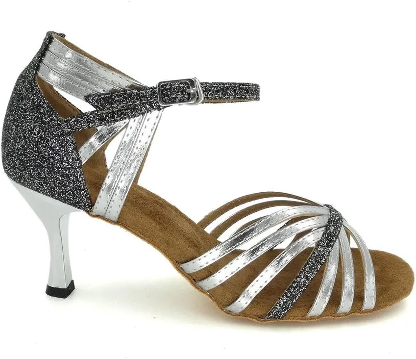 Misu Women's Peep Toe Sandals Latin Salsa Silvergo Practice Ballroom Dance Shoes with 2.75" Heel