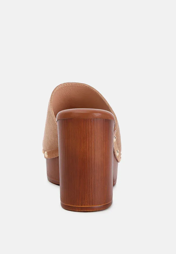 Rag & Co Suede Studded Clogs with a High Block Heel
