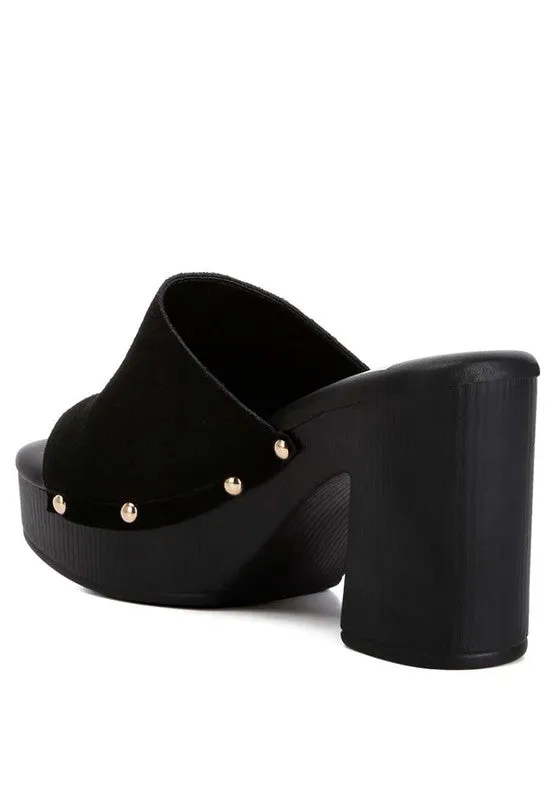 Rag & Co Suede Studded Clogs with a High Block Heel
