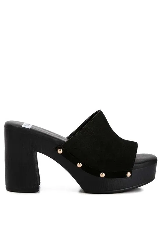 Rag & Co Suede Studded Clogs with a High Block Heel
