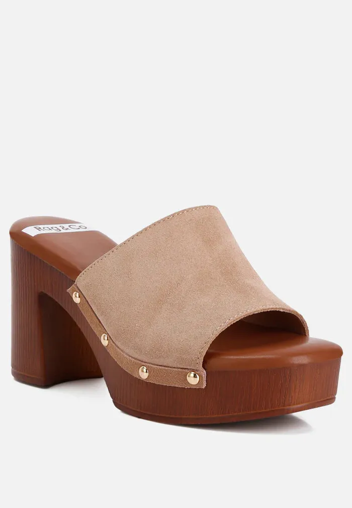 Rag & Co Suede Studded Clogs with a High Block Heel