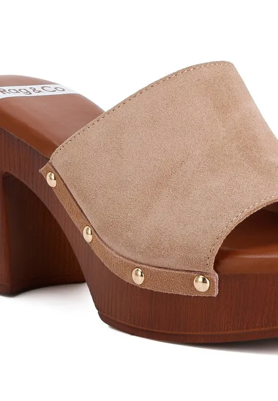 Rag & Co Suede Studded Clogs with a High Block Heel