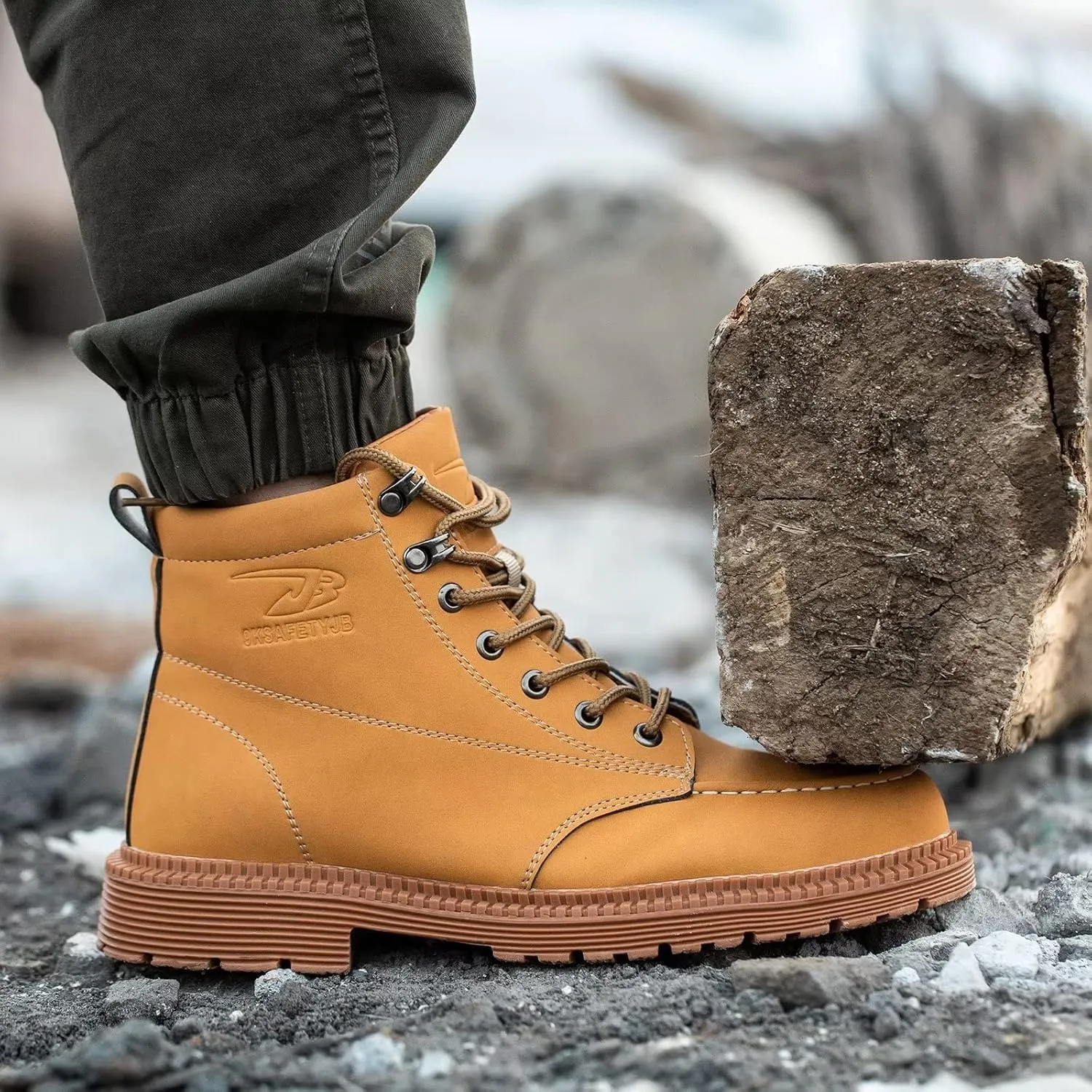 Tanleewa Leather Steel Toe Shoes for Men Waterproof Work Boots Lightweight Anti-Slip Construction Shoes Fashion Hiking Boots