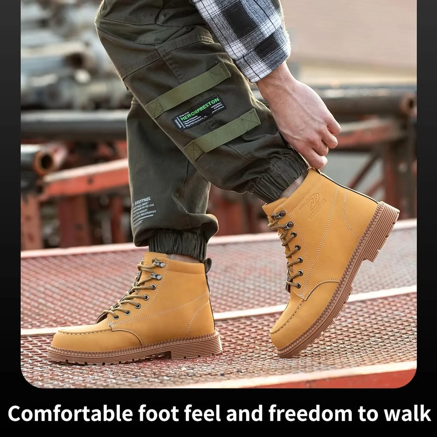 Tanleewa Leather Steel Toe Shoes for Men Waterproof Work Boots Lightweight Anti-Slip Construction Shoes Fashion Hiking Boots