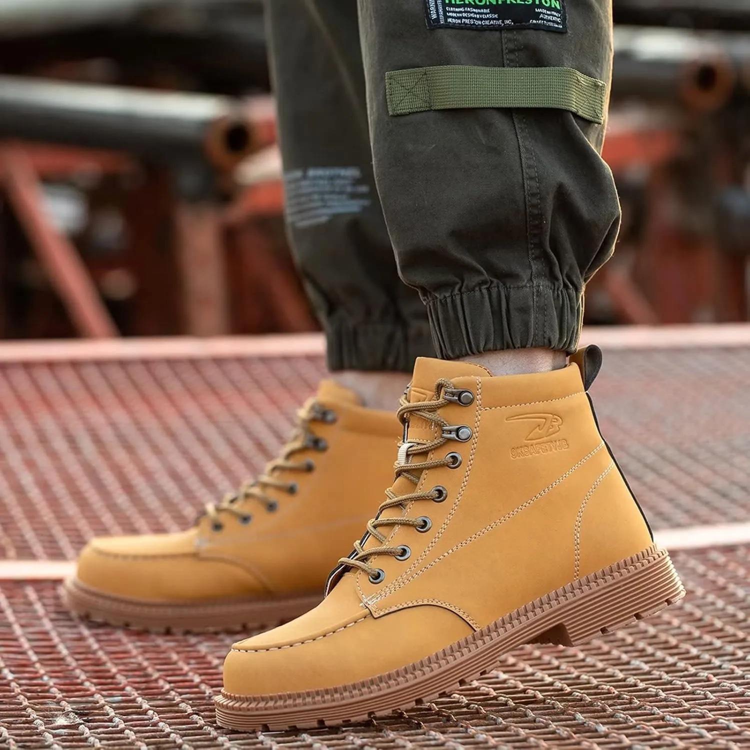 Tanleewa Leather Steel Toe Shoes for Men Waterproof Work Boots Lightweight Anti-Slip Construction Shoes Fashion Hiking Boots