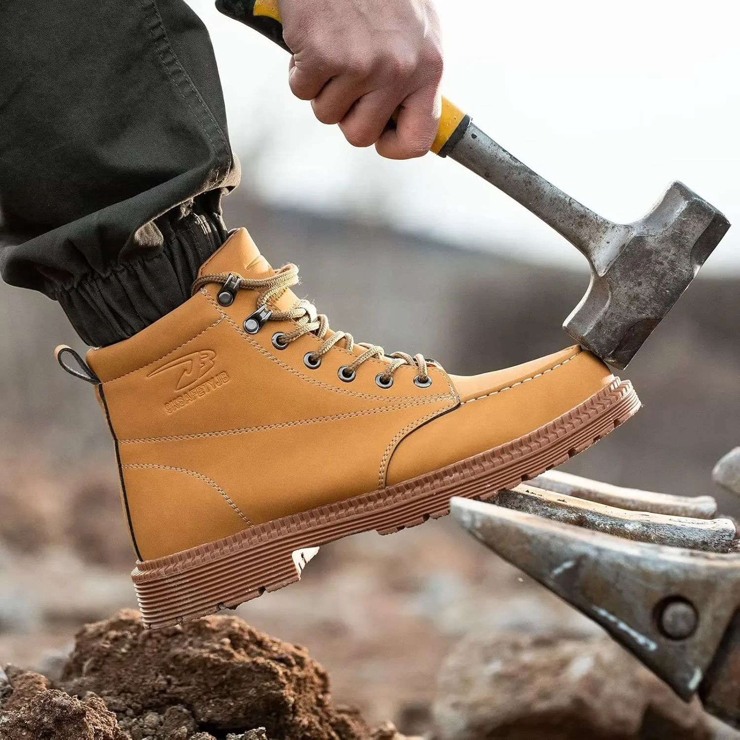 Tanleewa Leather Steel Toe Shoes for Men Waterproof Work Boots Lightweight Anti-Slip Construction Shoes Fashion Hiking Boots