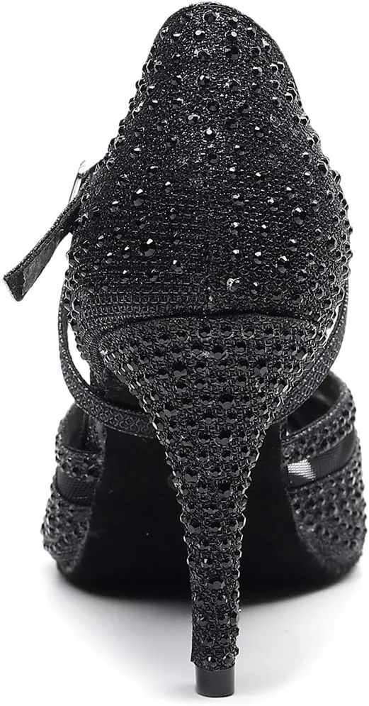 TDA Women's Peep Toe Glitter Synthetic Rhinestones Mesh Salsa Social Latin Dance Shoes Wedding Praty Sandals