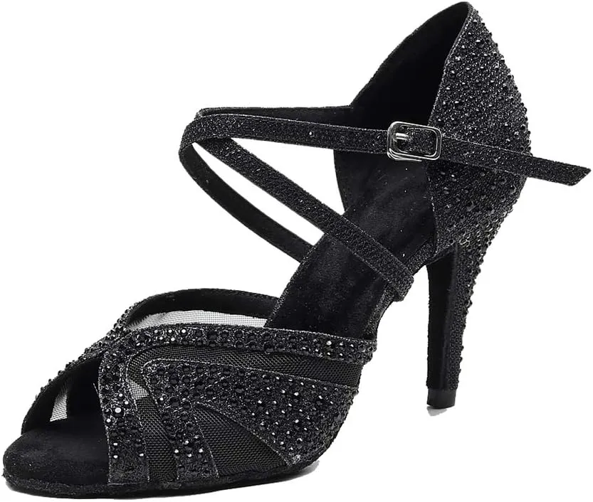 TDA Women's Peep Toe Glitter Synthetic Rhinestones Mesh Salsa Social Latin Dance Shoes Wedding Praty Sandals