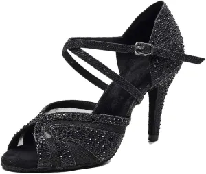 TDA Women's Peep Toe Glitter Synthetic Rhinestones Mesh Salsa Social Latin Dance Shoes Wedding Praty Sandals