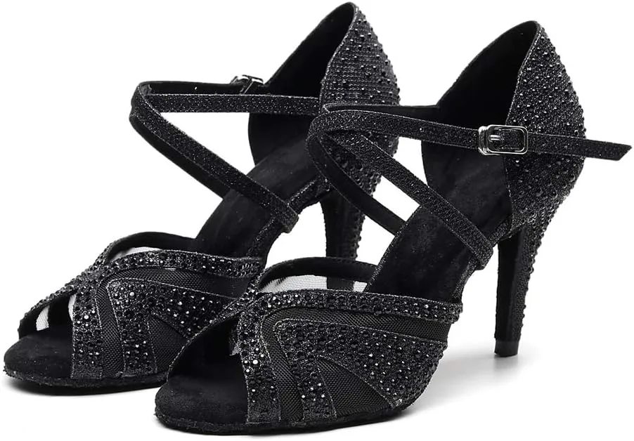 TDA Women's Peep Toe Glitter Synthetic Rhinestones Mesh Salsa Social Latin Dance Shoes Wedding Praty Sandals