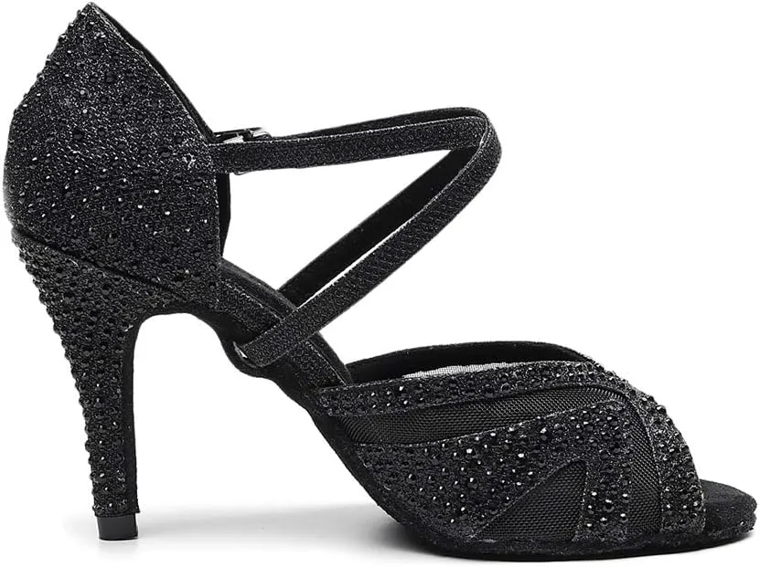 TDA Women's Peep Toe Glitter Synthetic Rhinestones Mesh Salsa Social Latin Dance Shoes Wedding Praty Sandals