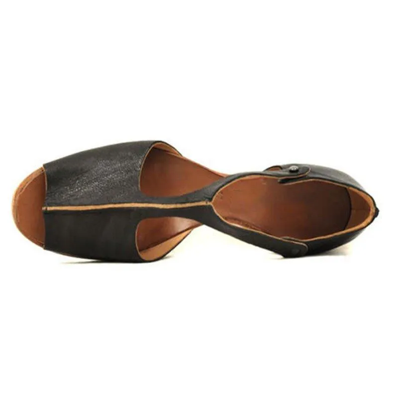 Vintage Black Flat Peep Toe Slip-on Sandals Plus Sizes