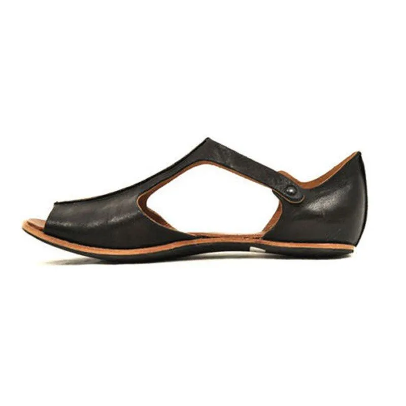 Vintage Black Flat Peep Toe Slip-on Sandals Plus Sizes