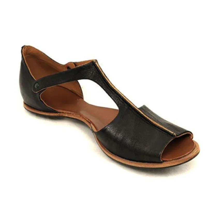 Vintage Black Flat Peep Toe Slip-on Sandals Plus Sizes