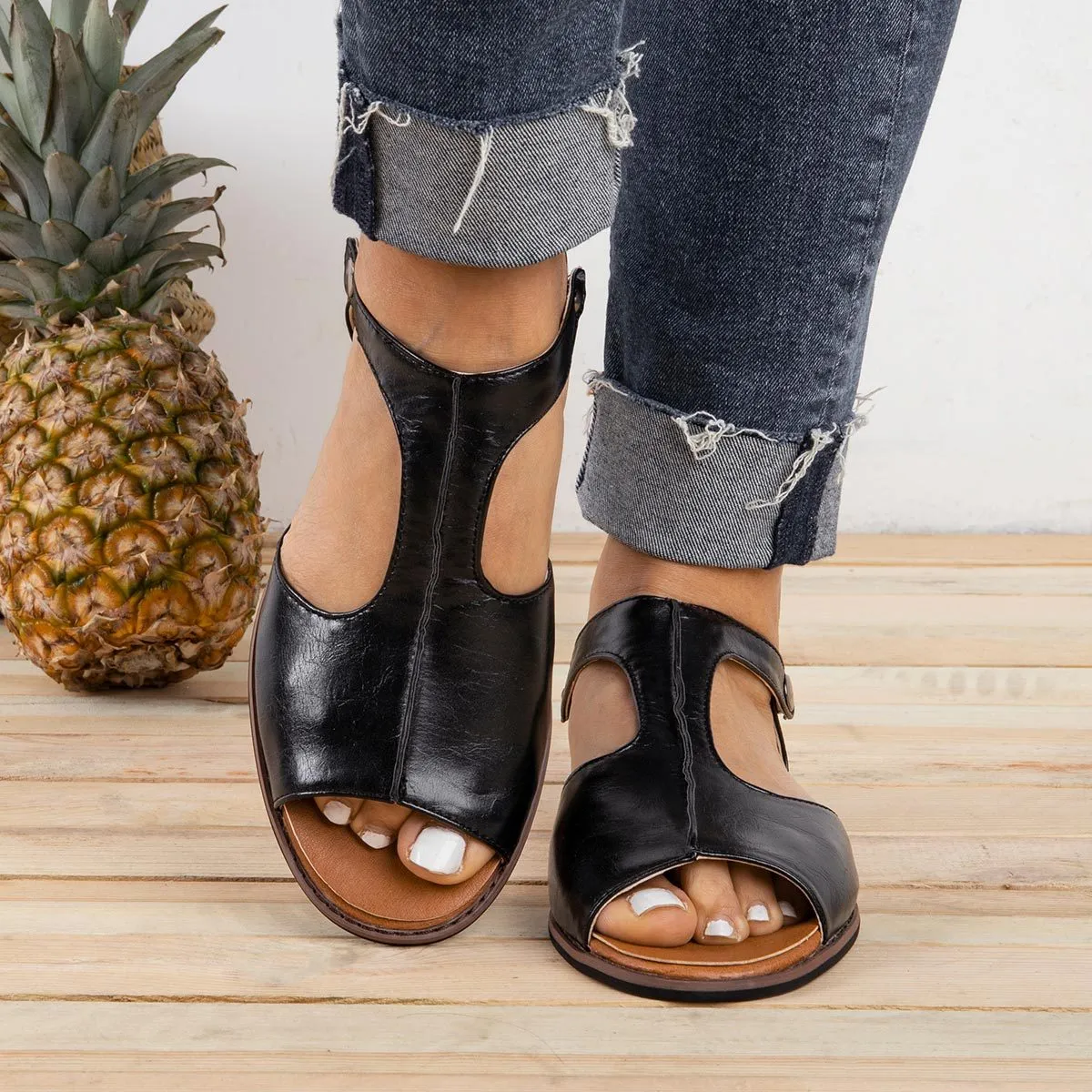 Vintage Black Flat Peep Toe Slip-on Sandals Plus Sizes
