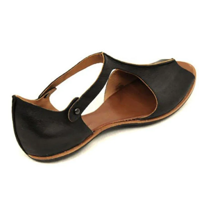 Vintage Black Flat Peep Toe Slip-on Sandals Plus Sizes