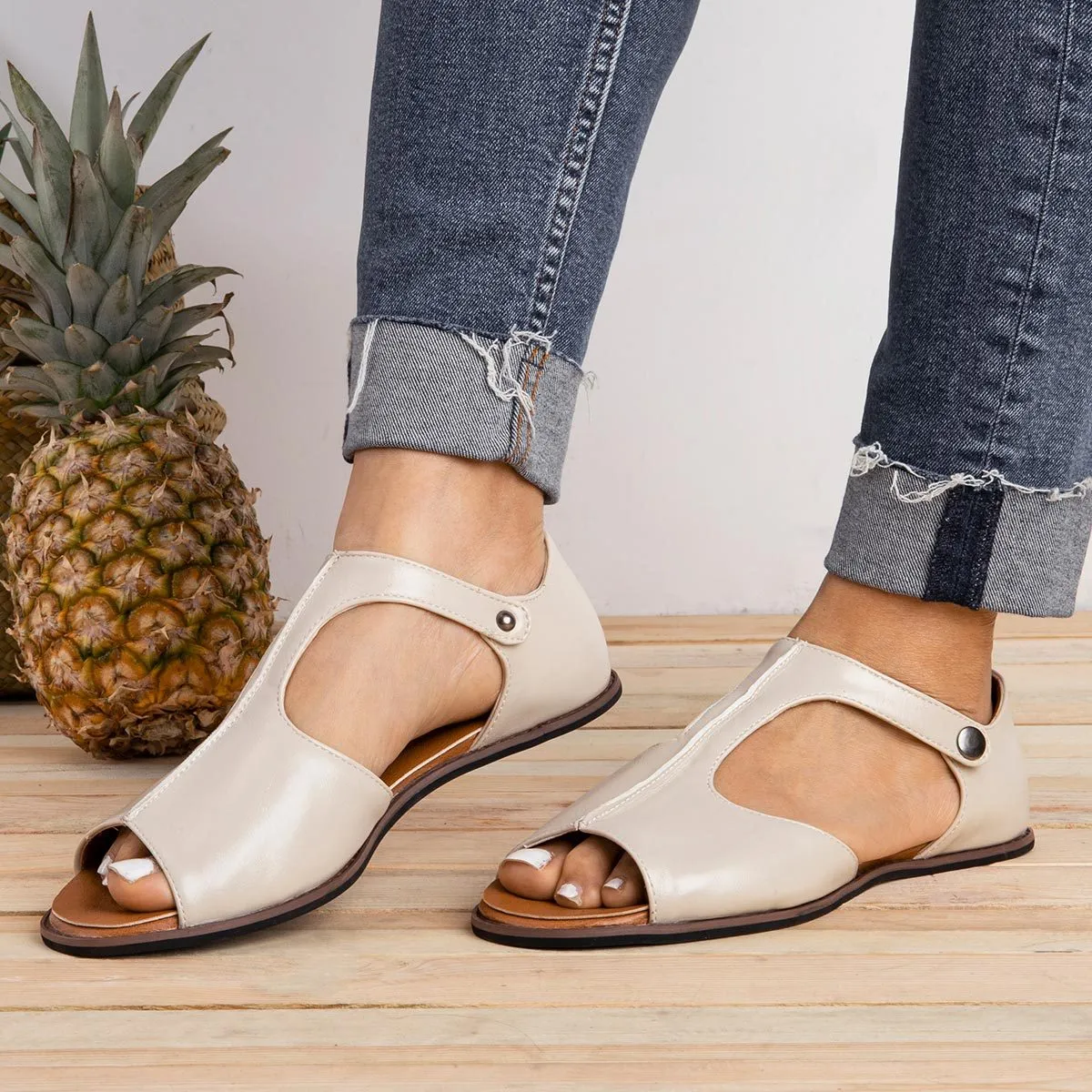 Vintage Black Flat Peep Toe Slip-on Sandals Plus Sizes