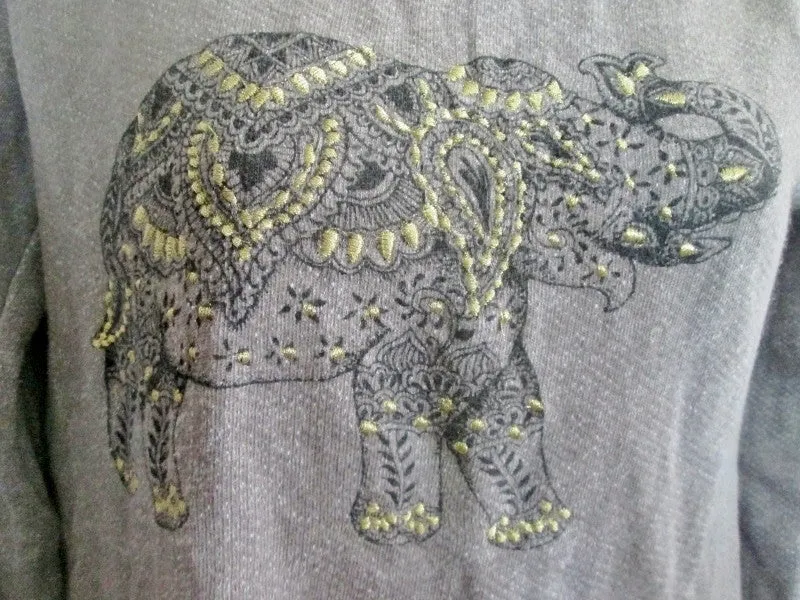 Womens LUCKY BRAND LOTUS Embroidered Elephant Sweatshirt Top S GRAY