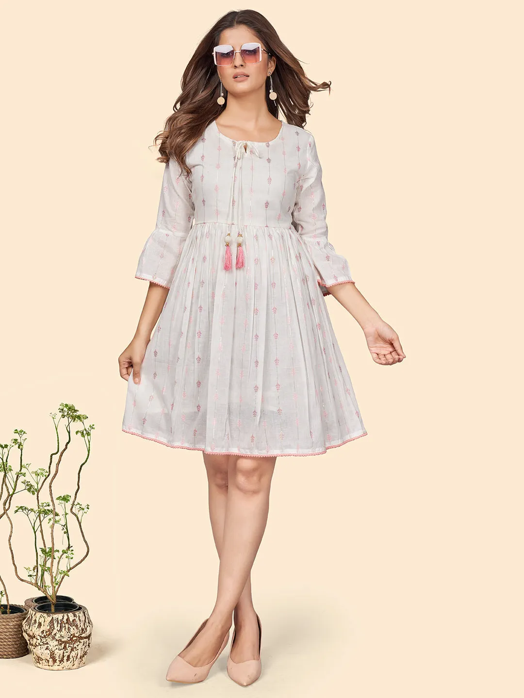 Women'S Printed Flared Cotton Off White Stitched Dress