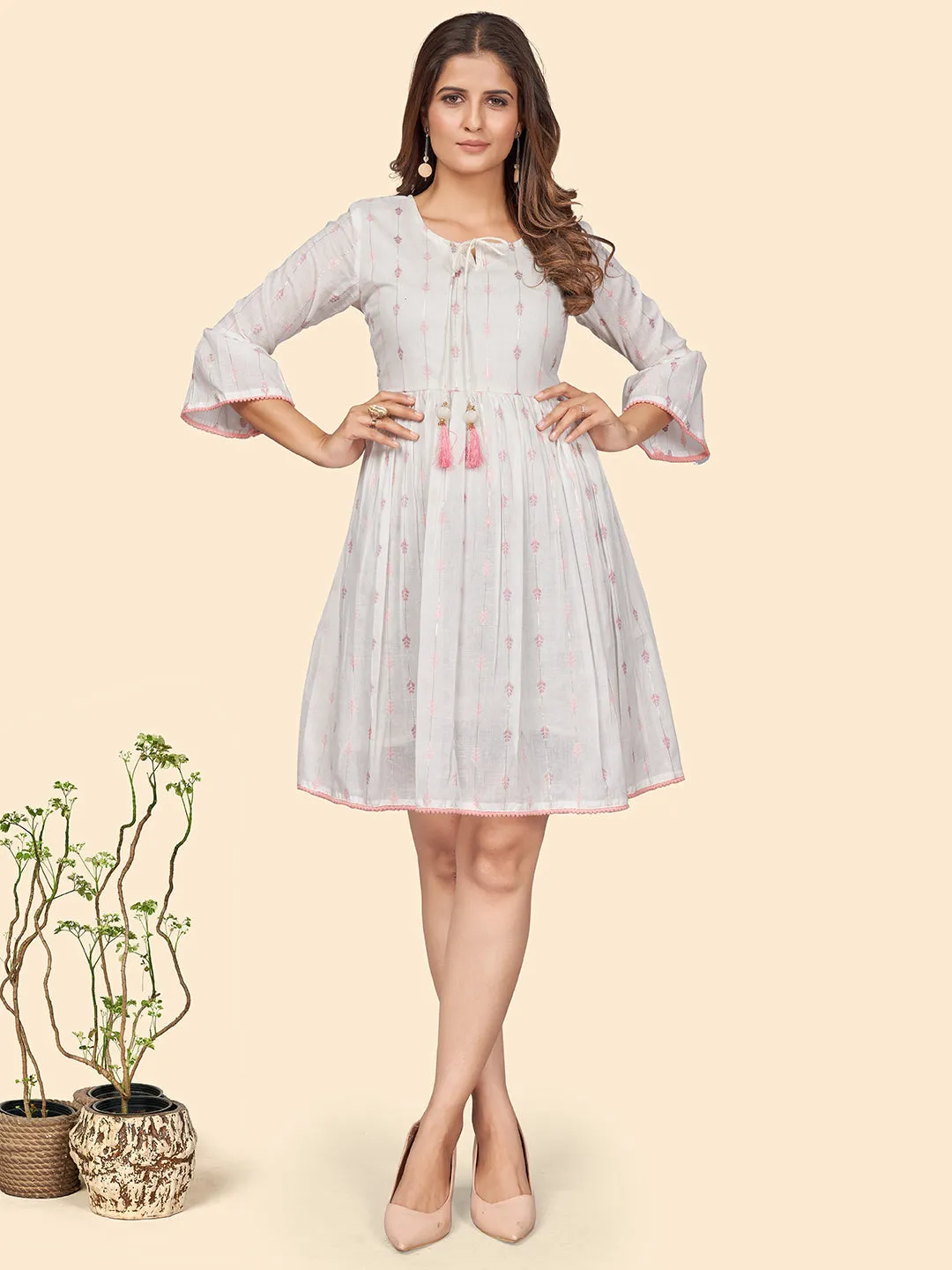 Women'S Printed Flared Cotton Off White Stitched Dress