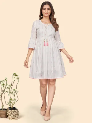 Women'S Printed Flared Cotton Off White Stitched Dress