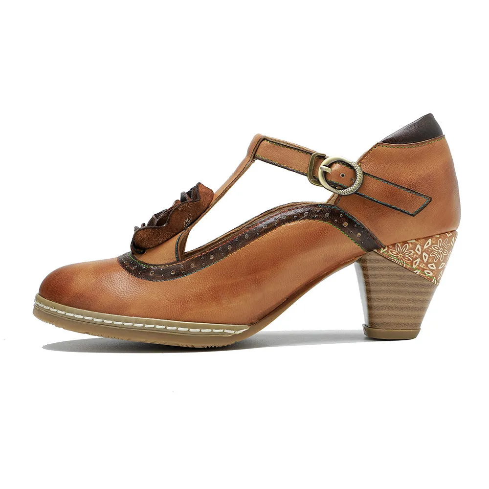 Women's Sheepskin Flower Embellished Mary Jane Heels Retro Style