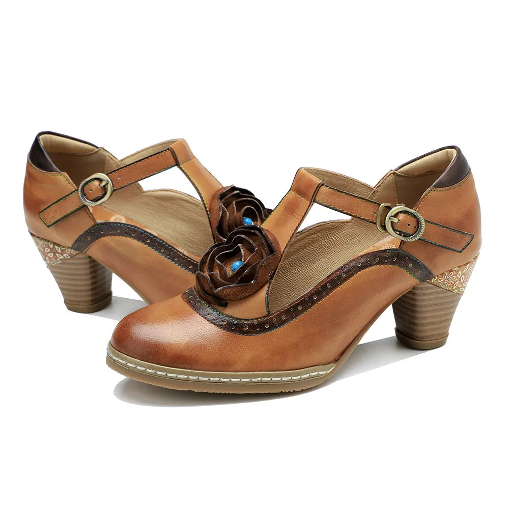 Women's Sheepskin Flower Embellished Mary Jane Heels Retro Style