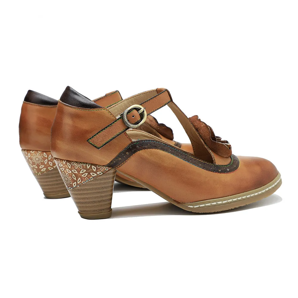 Women's Sheepskin Flower Embellished Mary Jane Heels Retro Style